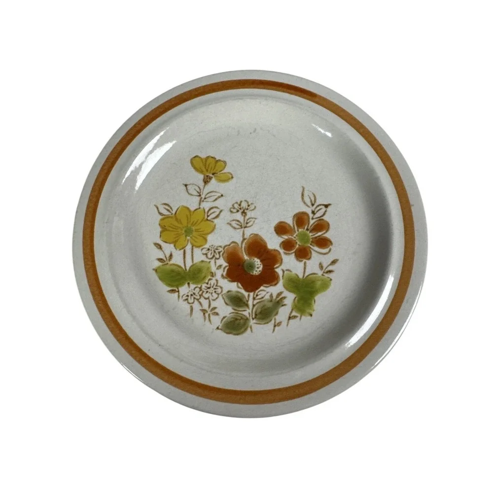 Vintage Floral Stoneware Bread Butter Plates Set 4 Brown Rim‎ 6.5 Inch Japan MCM